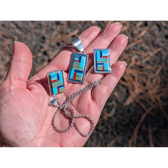 Authentic Patricia Becenti Navajo Inlay Necklace & Earring Set Mosaic Jewelry**